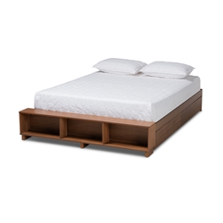 Baxton Studio Arthur Modern Rustic Ash Walnut Brown Finished Wood Queen Size Platform Bed with Built-In Shelves